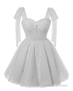 Sparkly Starry Silver Gray Tulle Short Homecoming Dresses Spaghetti Bow Straps Prom Dress Sequin Cocktail Prom Dress for Teens