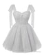 Sparkly Starry Silver Gray Tulle Short Homecoming Dresses Spaghetti Bow Straps Prom Dress Sequin Cocktail Prom Dress for Teens