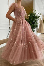 Sparkly Stars Tulle Blush Pink Prom Dressese Shiny Princess Prom Dresses With Straps