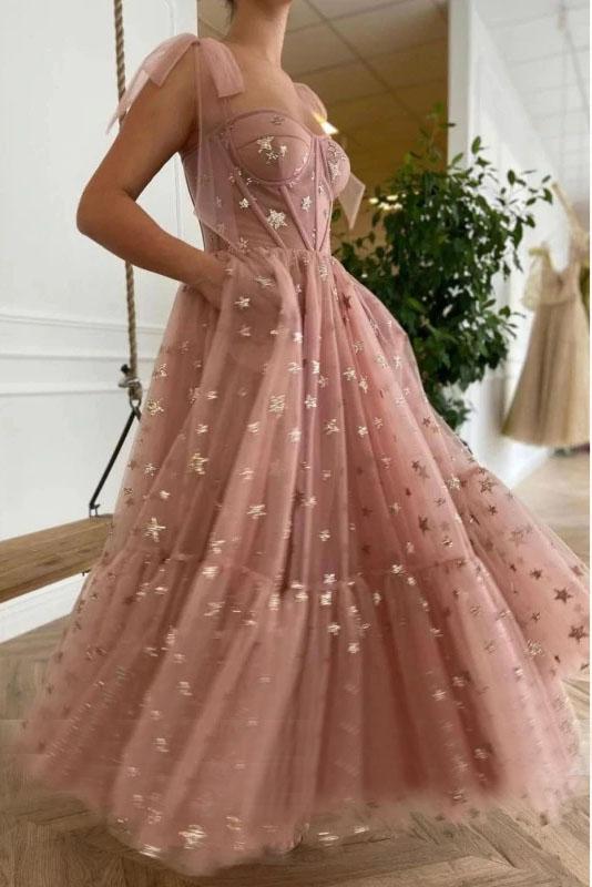 Sparkly Stars Tulle Blush Pink Prom Dressese Shiny Princess Prom Dresses With Straps