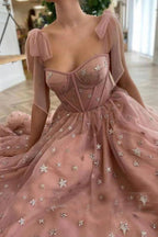 Sparkly Stars Tulle Blush Pink Prom Dressese Shiny Princess Prom Dresses With Straps
