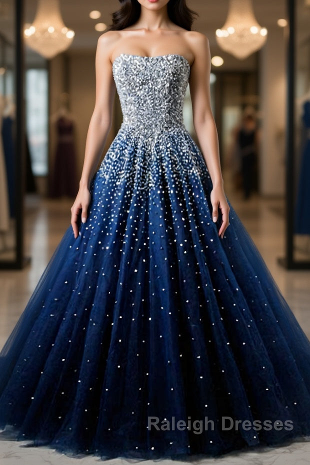 Sparkly Strapless Blue Prom Dresses, Strapless Blue Long Formal Evening Dresses Main image