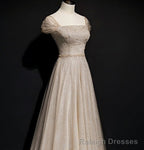 Sparkly Tulle Sequins Square Beading Prom Dress Long A Line Ball Gown Party Dress