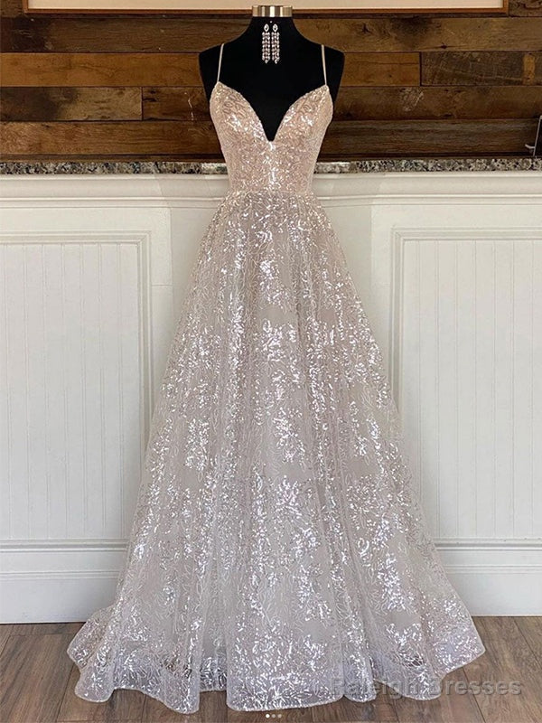 Sparkly V-Neck A-Line Spaghetti Straps Long Prom Dress Evening Dress, Main image