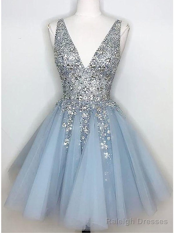 Sparkly V-Neck A-Line Tulle Short Blue Homecoming Dresses Online,