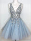 Sparkly V-Neck A-Line Tulle Short Blue Homecoming Dresses Online,