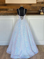 Sparkly V Neck Backless Prom Dresses, Open Back Shiny Formal Graduation Dresses