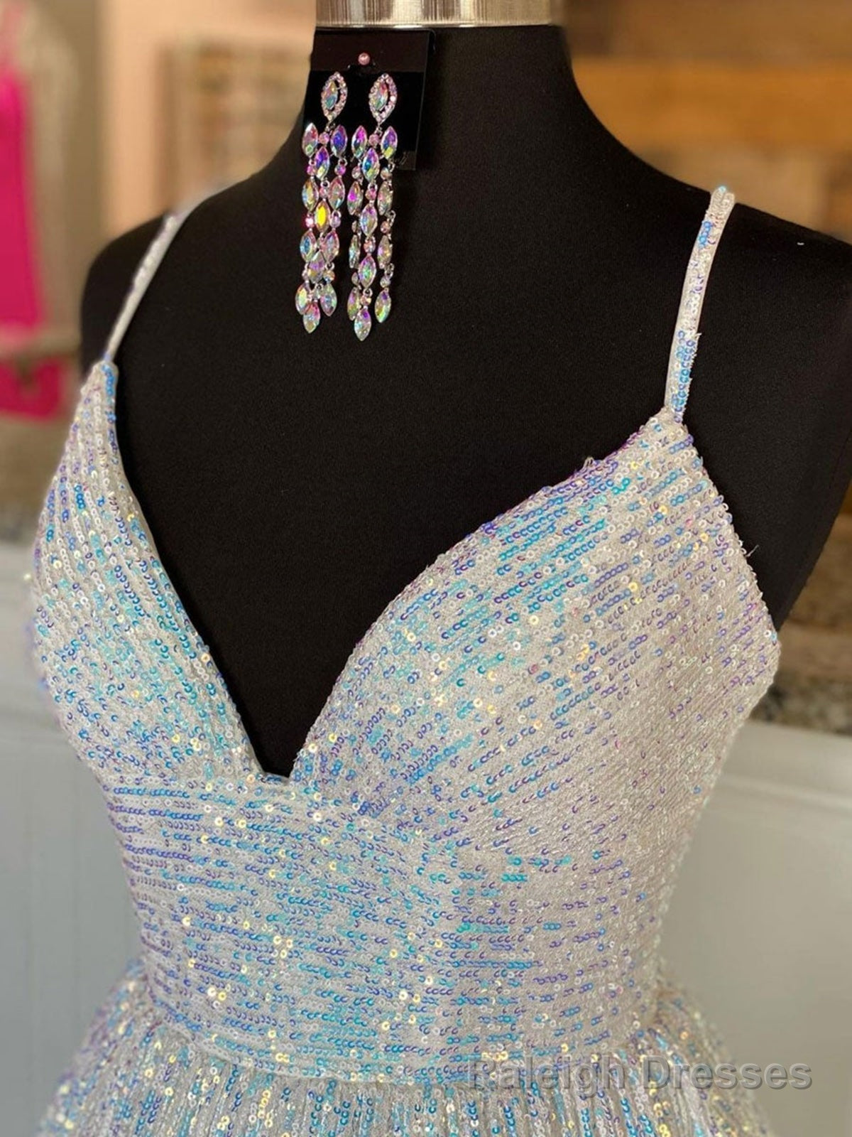 Sparkly V Neck Backless Prom Dresses, Open Back Shiny Formal Graduatio