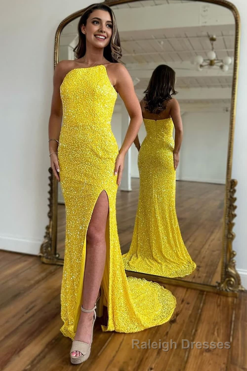 Sparkly Yellow Detachable Straps Mermaid Sequins Prom Dress with Slit Main image