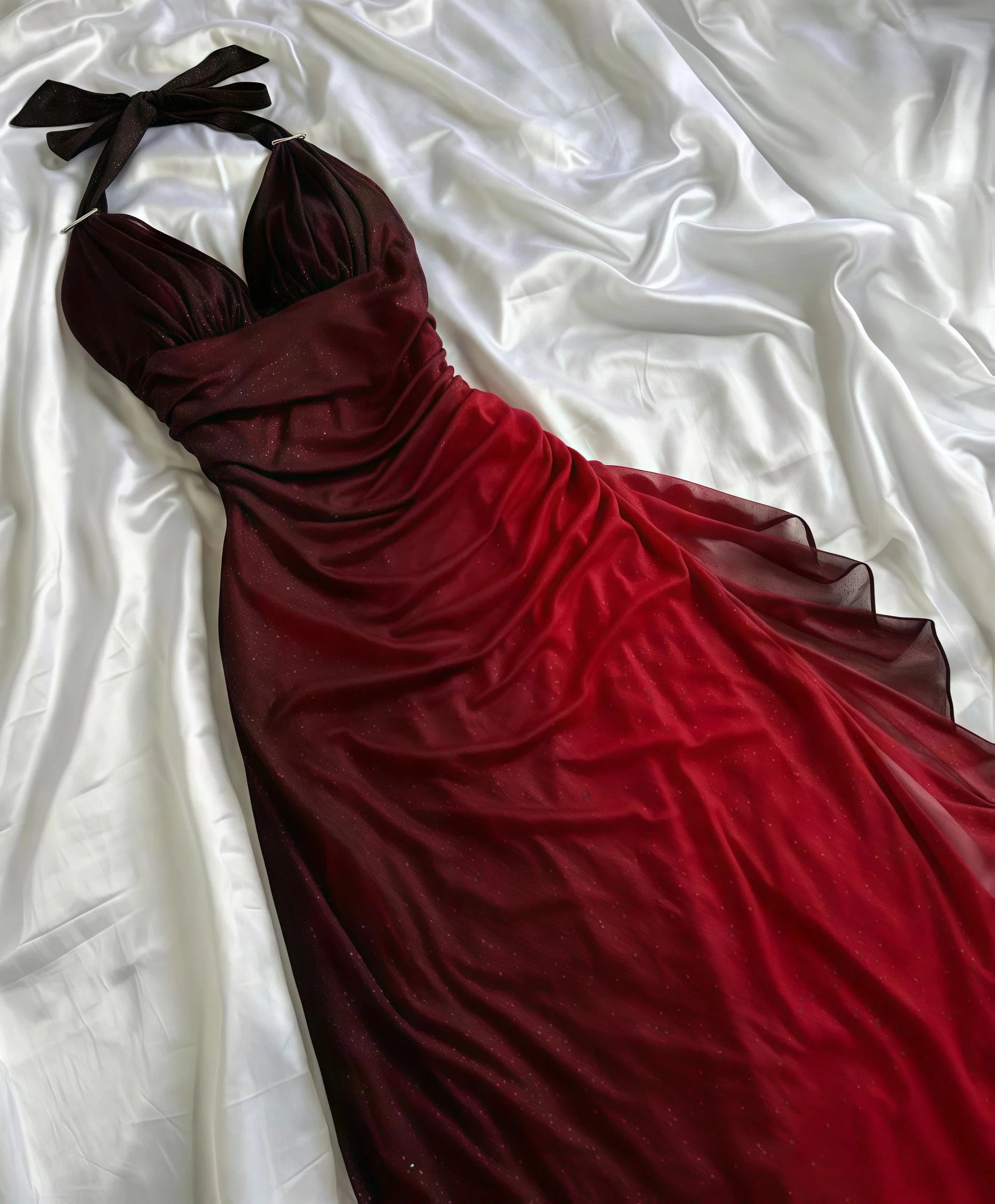 Special Gradient Color Burgundy Prom Dresses Tie Halter Date/Birthday Prom Dresses