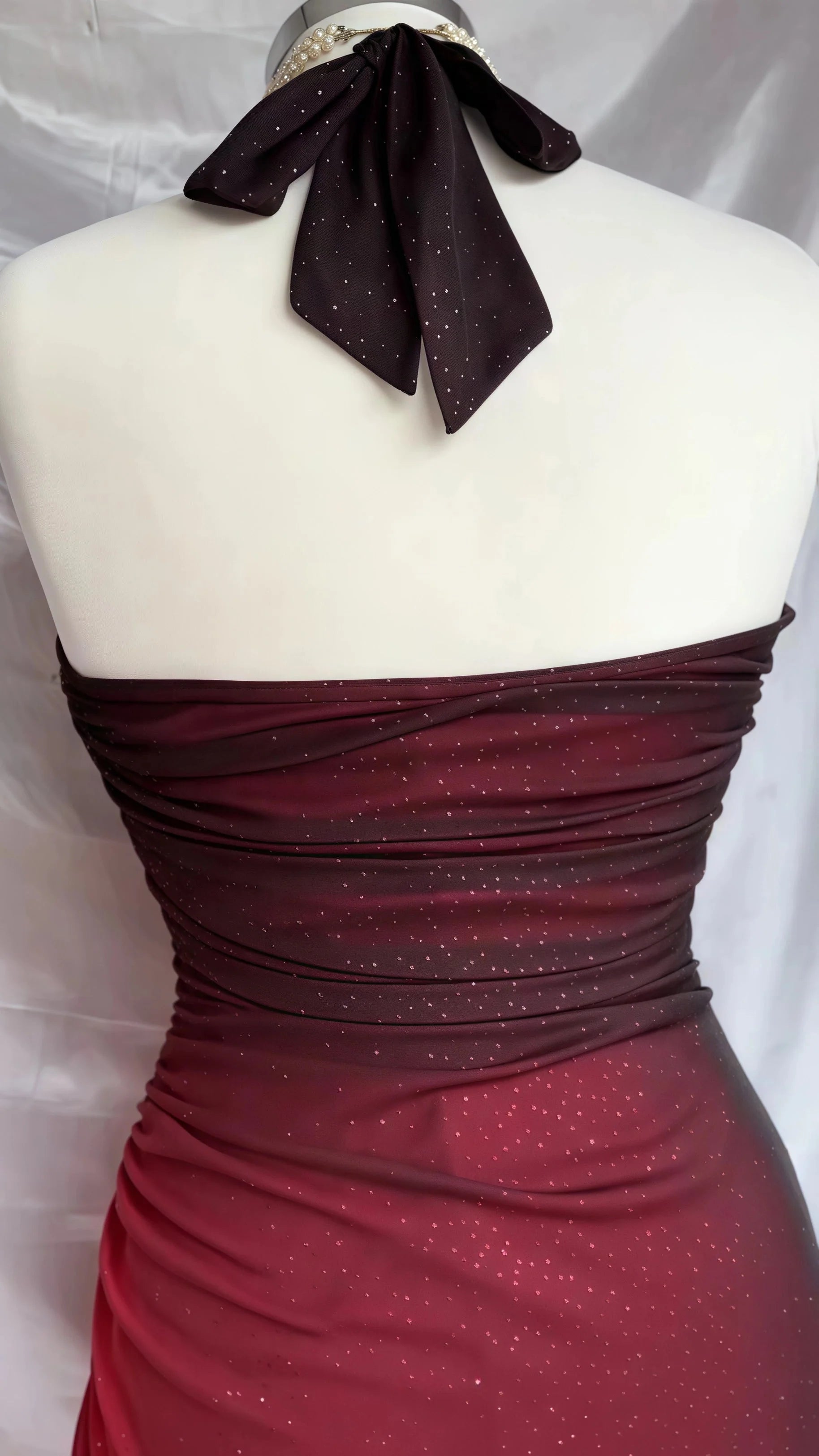Special Gradient Color Burgundy Prom Dresses Tie Halter Date/Birthday Prom Dresses