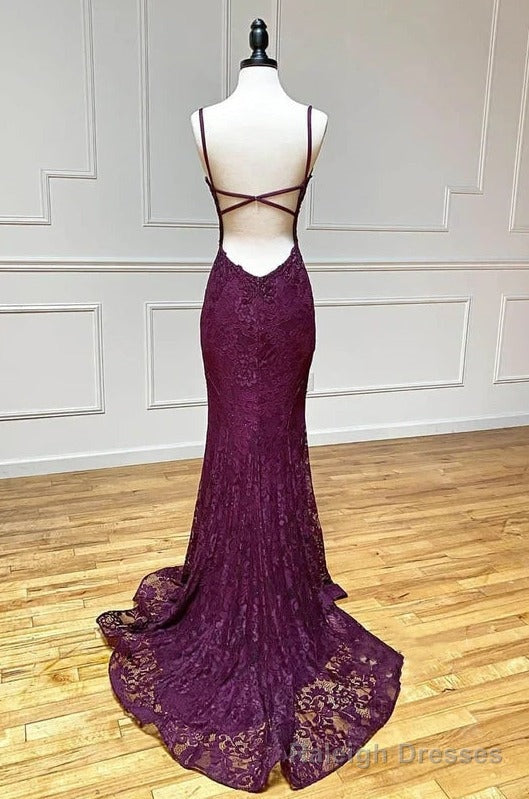mermaid/trumpet spaghetti straps grape lace beaded long prom dress formal Prom dress