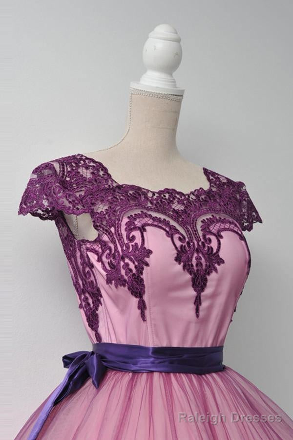 Square Cap Sleeves Knee-Length Purple Homecoming Dresses With Sash Secondary image