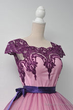 Square Cap Sleeves Knee-Length Purple Homecoming Dresses With Sash