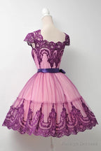 Square Cap Sleeves Knee-Length Purple Homecoming Dress With Sash