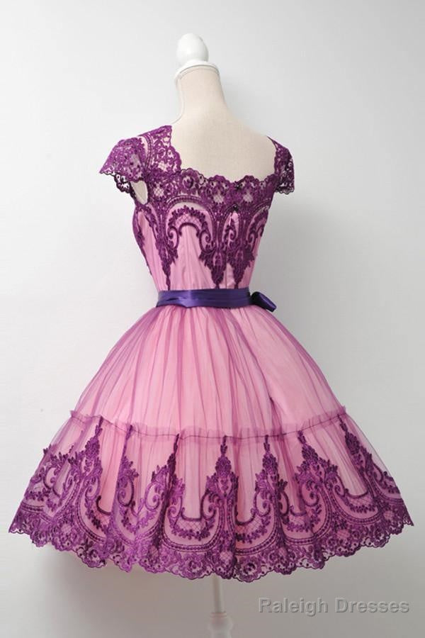 Square Cap Sleeves Knee-Length Purple Homecoming Dresses With Sash
