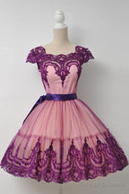 Square Cap Sleeves Knee-Length Purple Homecoming Dresses With Sash