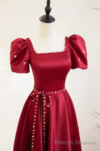 Square Neck Burgundy Long Prom Dresses, Wine Red Long Formal Evening Dresses