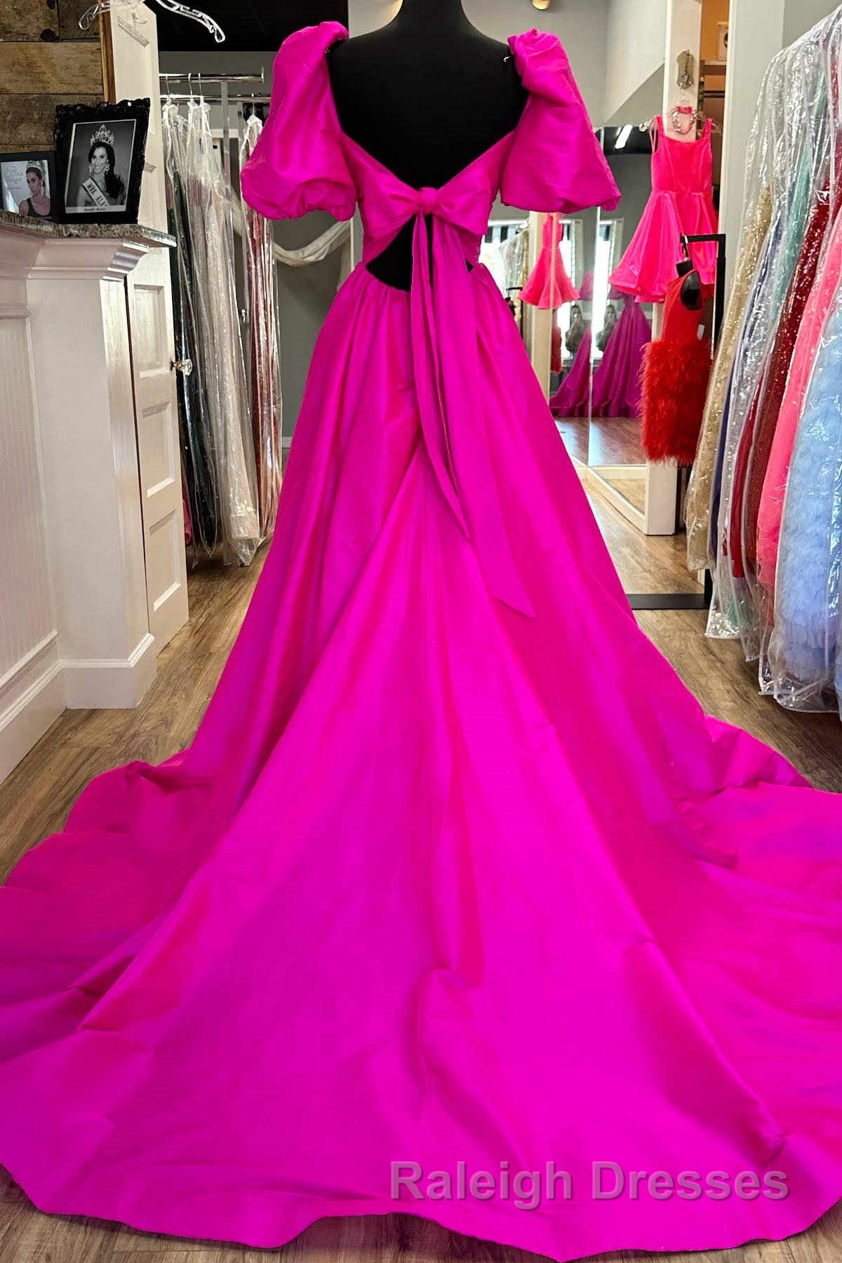Square Neck Fuchsia Puff Sleeves A-Line Prom Dress Secondary image