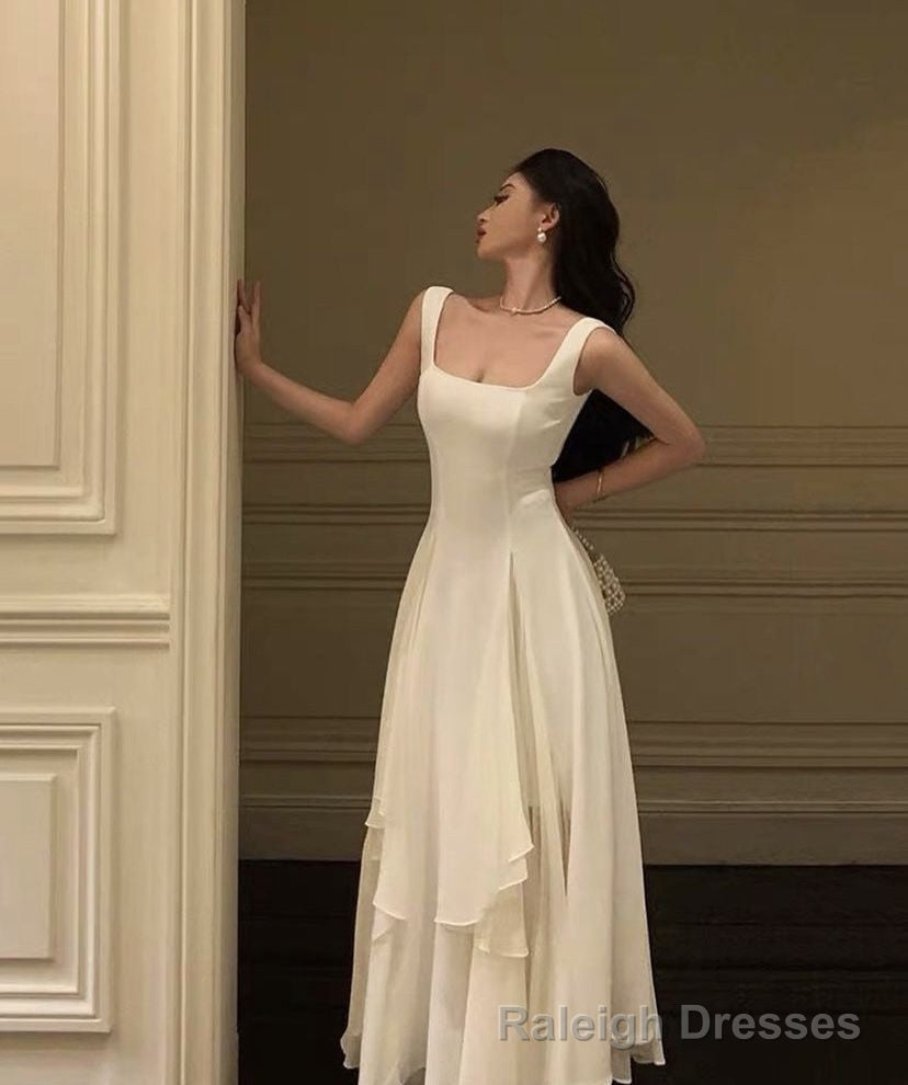 Square Neck White Asymmetric A-Line Long Evening Dress Secondary image