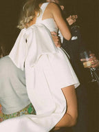 Square Neck White Satin Short Wedding Dress with Bow Back and Veil