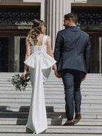 Square Neck White Satin Short Wedding Dress with Bow Back and Veil