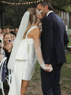 Square Neck White Satin Short Wedding Dress with Bow Back and Veil