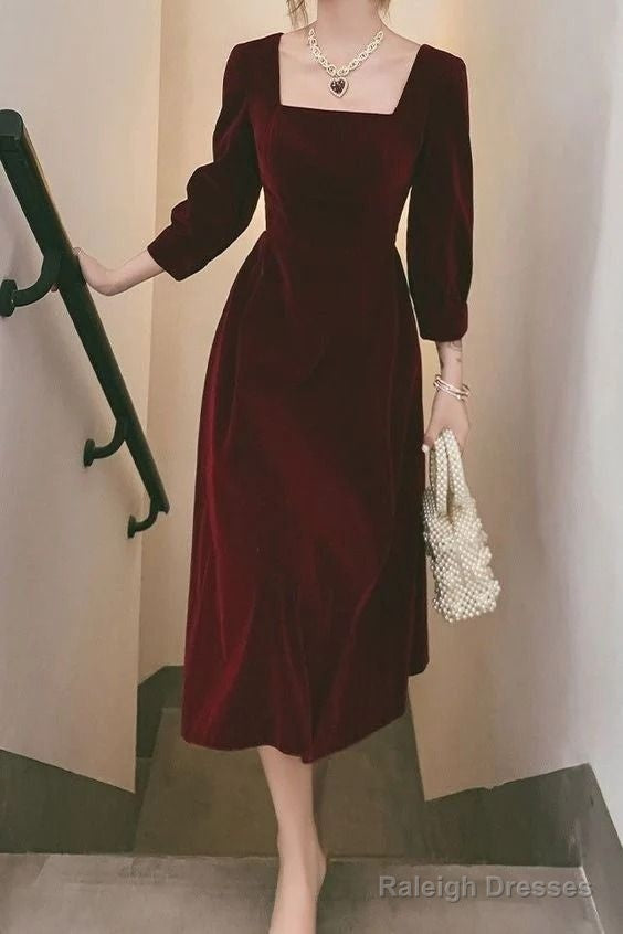 Square Necking Burgundy Velvet Prom Dresses A Line Long Sleeves Dress