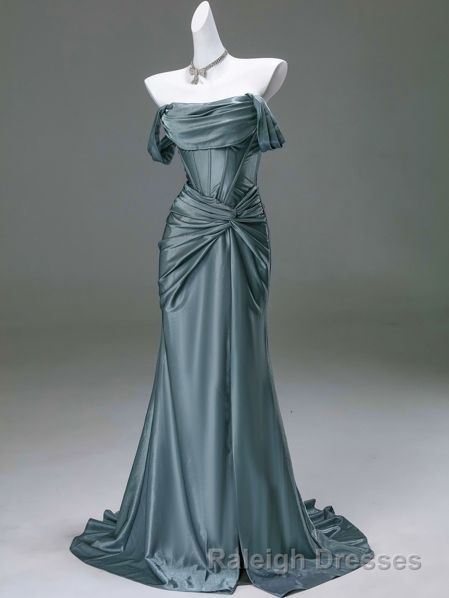 Steel Blue Silk Evening Dress - Corset Back Prom Dress with Off-the-Shoulder Design Plus Size Secondary image