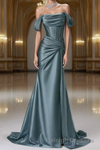 Steel Blue Silk Evening Dress - Corset Back Prom Dress with Off-the-Shoulder Design Plus Size