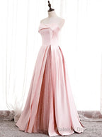 Strapless A-line Pink Satin Prom Dresses, Pink Satin Long Party Dress