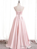 Strapless A-line Pink Satin Prom Dresses, Pink Satin Long Party Dress