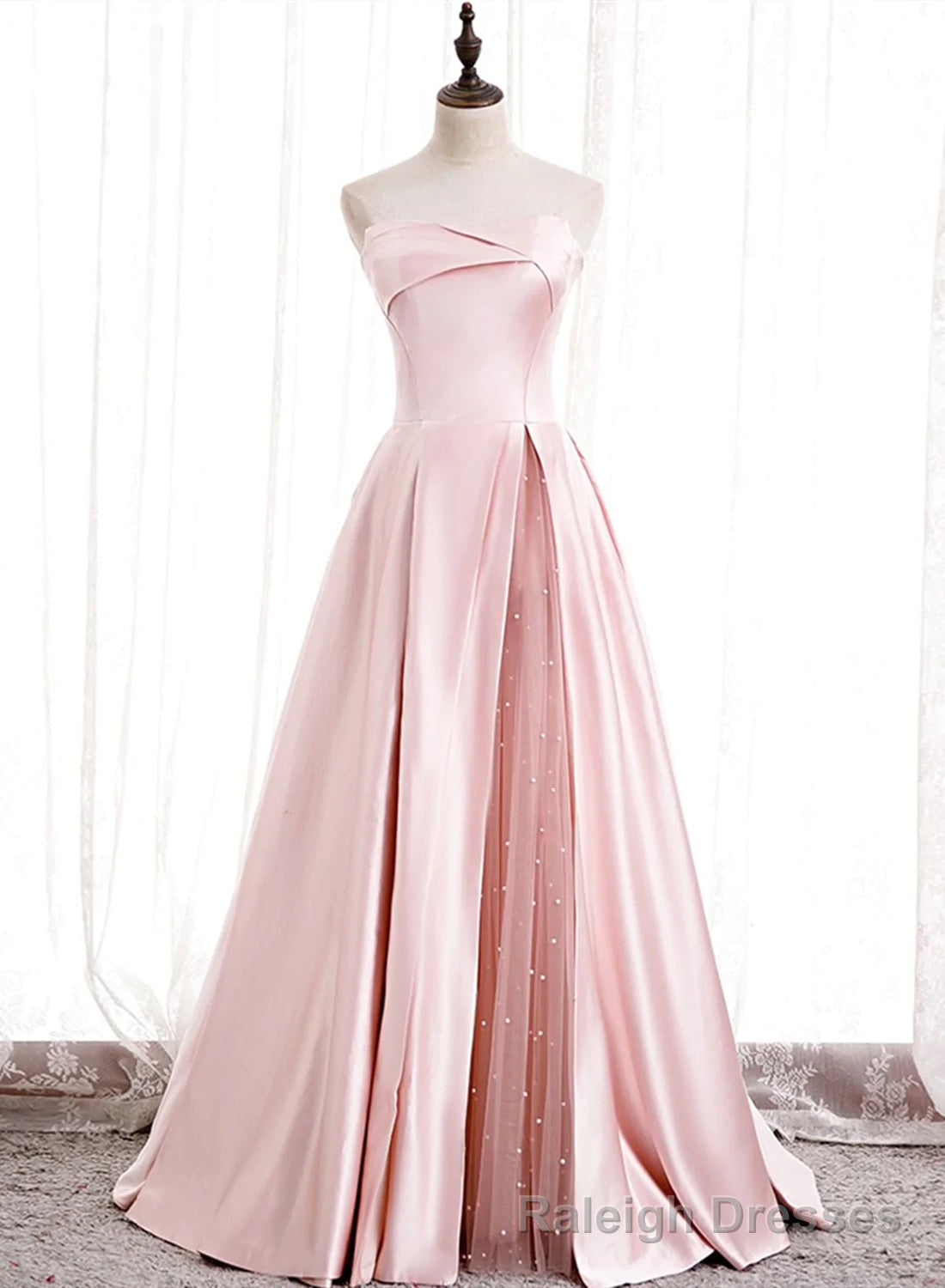 Strapless A Line Pink Satin Prom Dresses, Pink Satin Long Prom Dress Secondary image