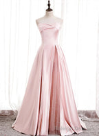Strapless A Line Pink Satin Prom Dresses, Pink Satin Long Prom Dress