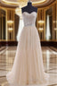 Strapless A-Line/Princess Sweep Train Tulle Prom Dress With Beaded