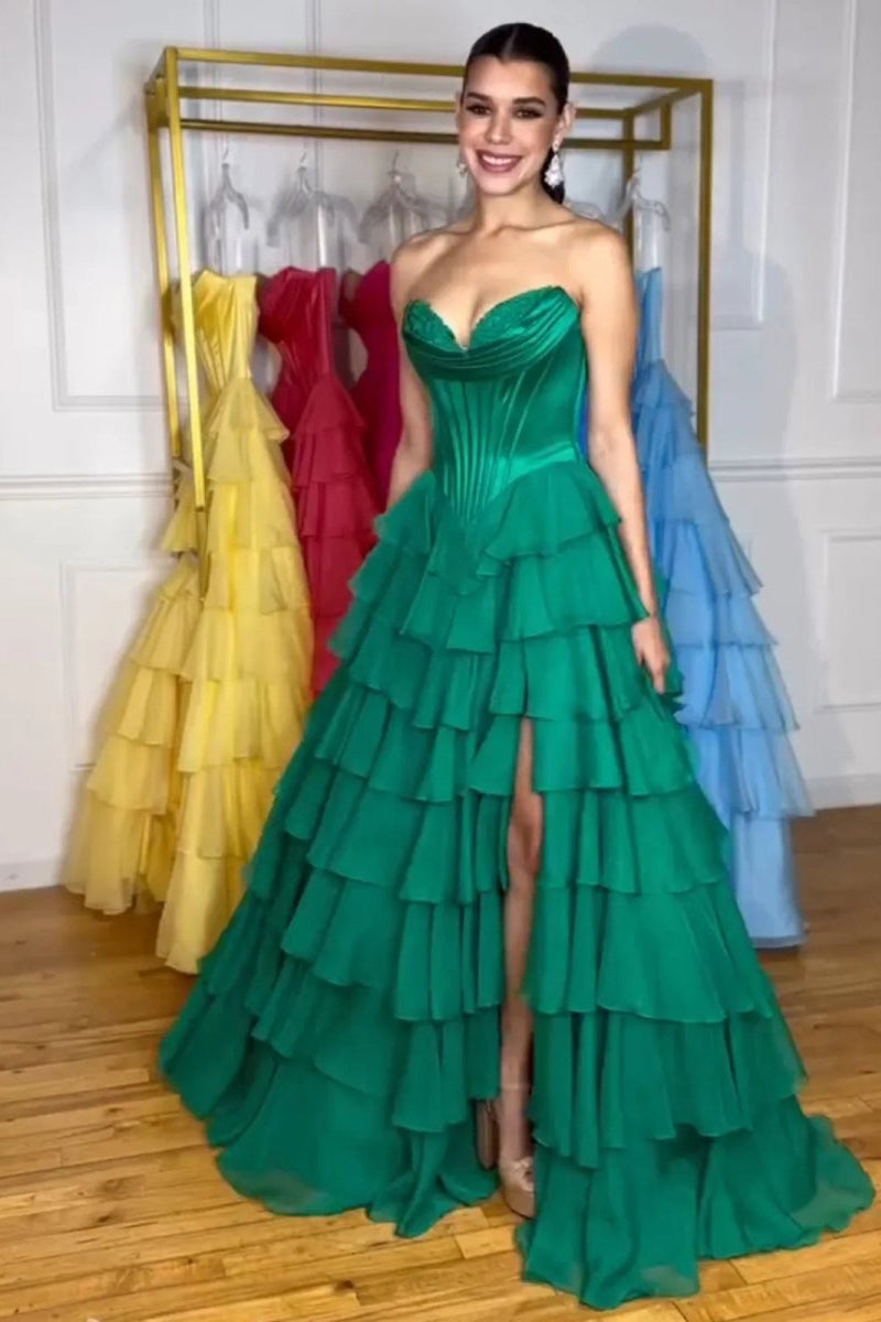 Strapless A-Line Ruffle Long Prom Dress With Split