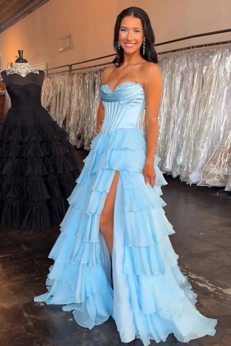 Strapless A-Line Ruffle Long Prom Dress With Split