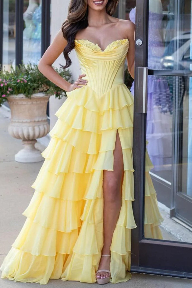 Strapless A-Line Ruffle Long Prom Dress With Split
