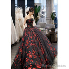 Strapless A-Line Tulle Prom Dresses Applique Black Ball Gowns