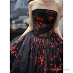 Strapless A-Line Tulle Prom Dresses Applique Black Ball Gowns