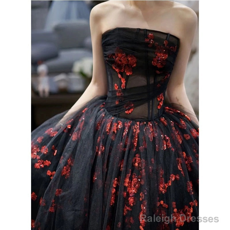 Strapless A-Line Tulle Prom Dresses Applique Black Ball Gowns