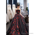 Strapless A-Line Tulle Prom Dresses Applique Black Ball Gowns