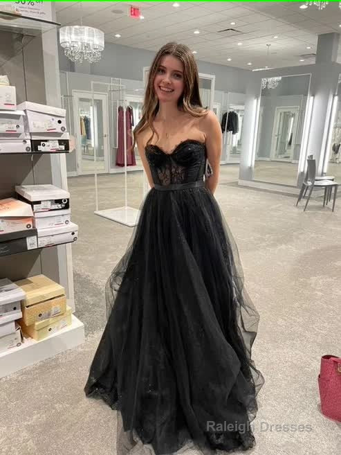 Strapless A Line Tulle Prom Dress Black Lace Prom Gowns