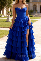 Strapless A-Line Waist Corset Ruffle Long Prom Dress With Split