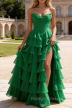 Strapless A-Line Waist Corset Ruffle Long Prom Dress With Split