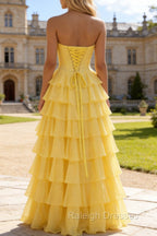 Strapless A-Line Waist Corset Ruffle Long Prom Dress With Split