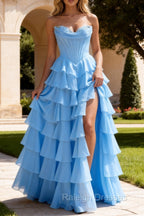 Strapless A-Line Waist Corset Ruffle Long Prom Dress With Split