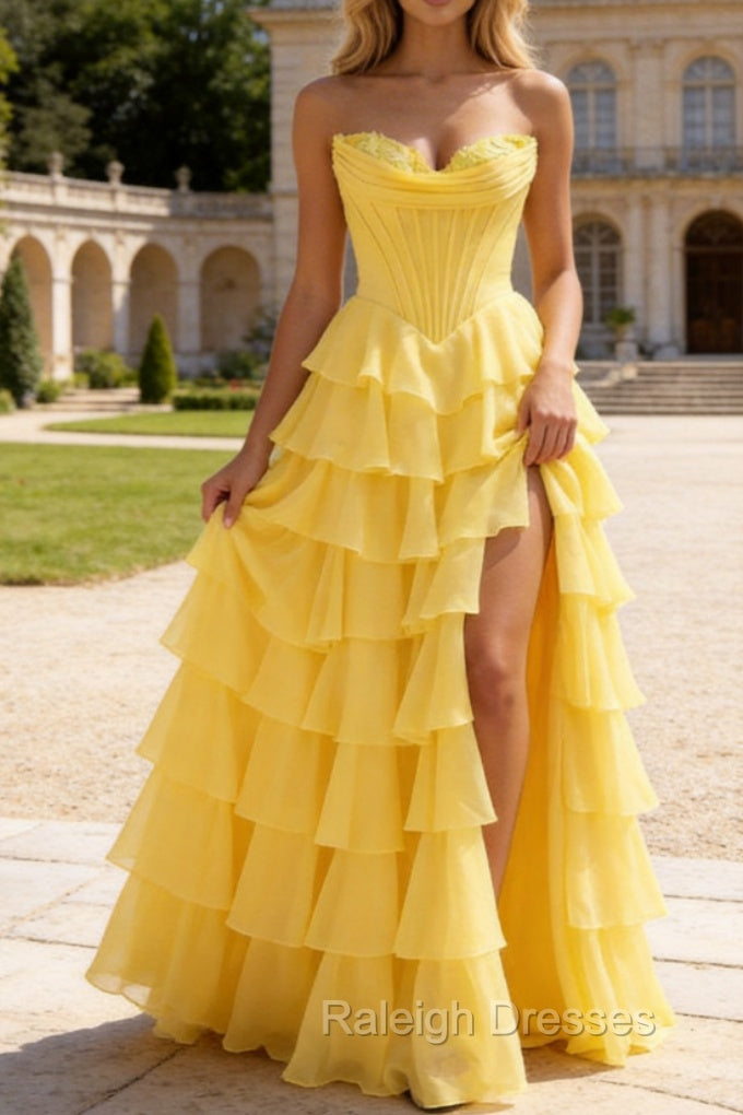 Strapless A-Line Waist Corset Ruffle Long Prom Dress With Split Main image