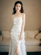 Strapless A-Line White Sequin Prom Dresses Long Prom Dresses