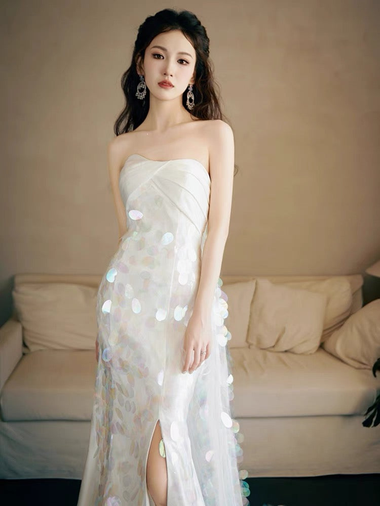 Strapless A-Line White Sequin Prom Dresses Long Prom Dresses